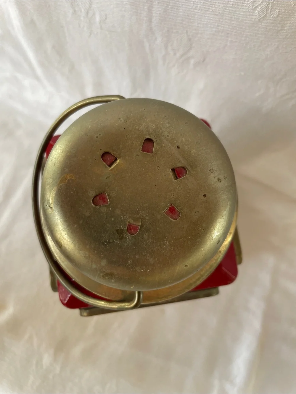 Vintage Red & Brass Decorative Railroad Lantern 1960s Classic Kerosene Oil Lamp